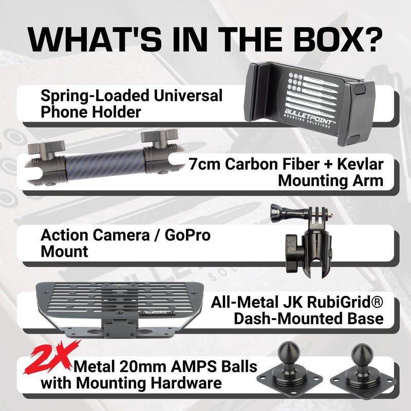 رصاصة حامل الهاتف الخلوي Bulletpoint Dash متوافق مع 2011-2018 Jeep Wrangler JK JKU 20 مم حامل كروي (RubiGrid متعدد الأجهزة) - Image 4